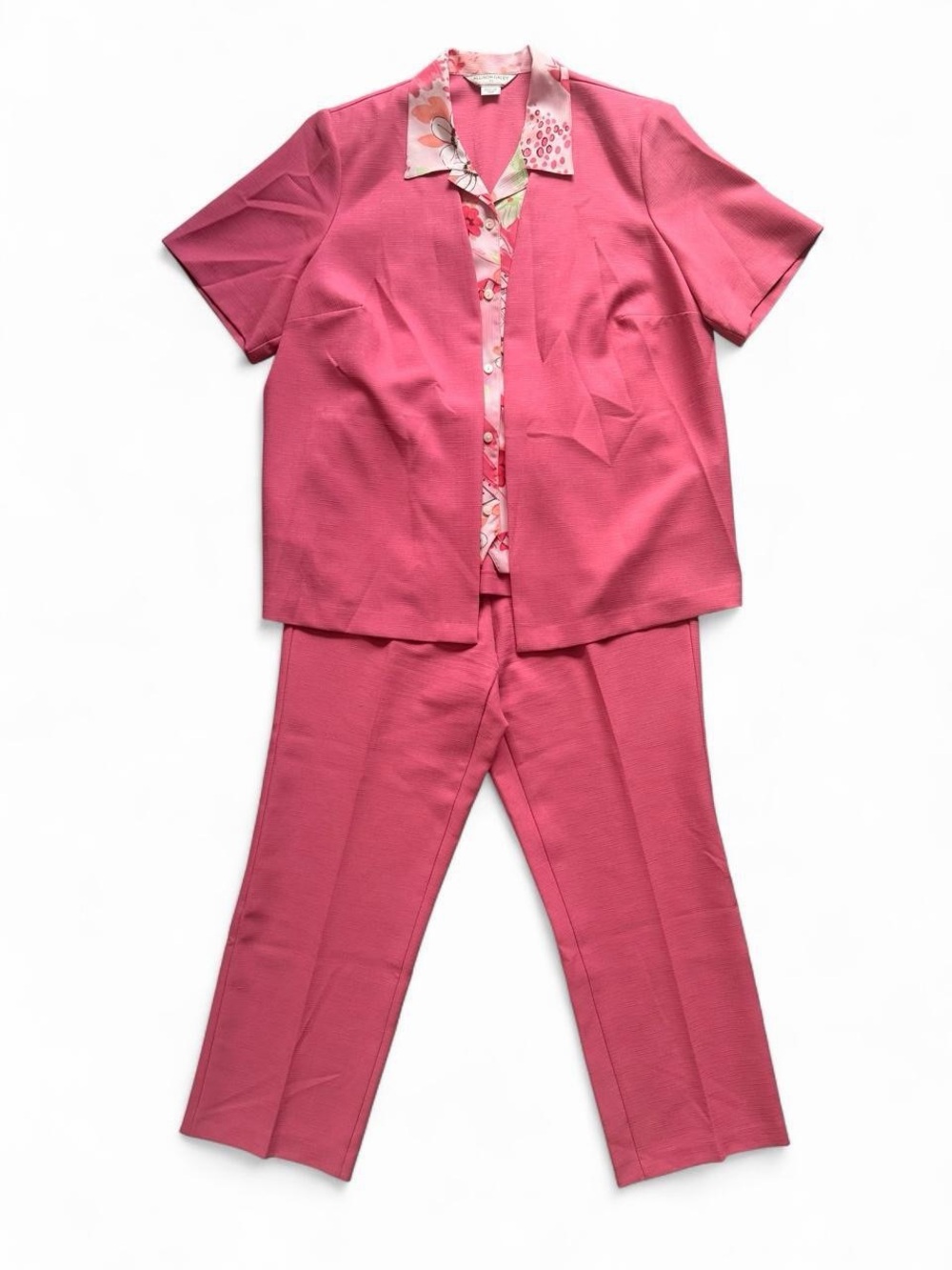 Allison Daley Pink Short-Sleeve 2 Piece Pantsuit Set with Floral Trim 18W/20W